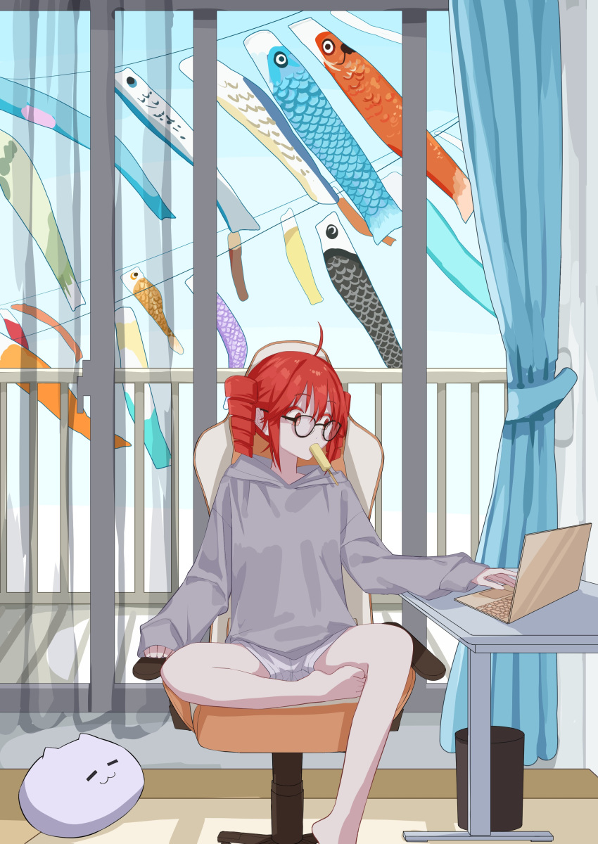 1girl, absurdres, ahoge, alternate_costume, balcony, blue_sky, chair, computer, curtains, day, double-parted_bangs, drill_hair, eating, flat_chest, food, foot_out_of_frame, gaming_chair, glasses, grey_sweater, hair_between_eyes, hand_rest, handrail, highres, hood, hooded_sweater, indoors, kasane_teto, laptop, long_sleeves, mouth_hold, on_chair, pillow, popsicle, railing, red_eyes, redhead, shorts, sitting, sky, sleeves_past_wrists, solo, sweater, swivel_chair, table, twin_drills, utau, white_shorts, yomiya_setsu