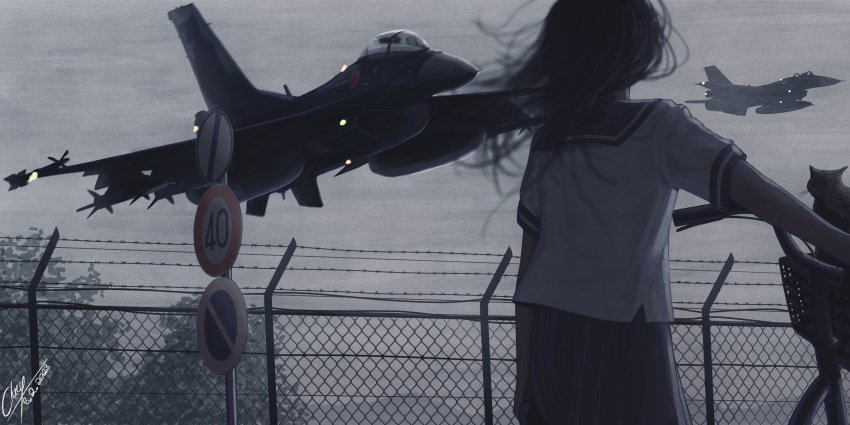 1girl, 2023, absurdres, aircraft, airplane, artist_name, barbed_wire, bicycle