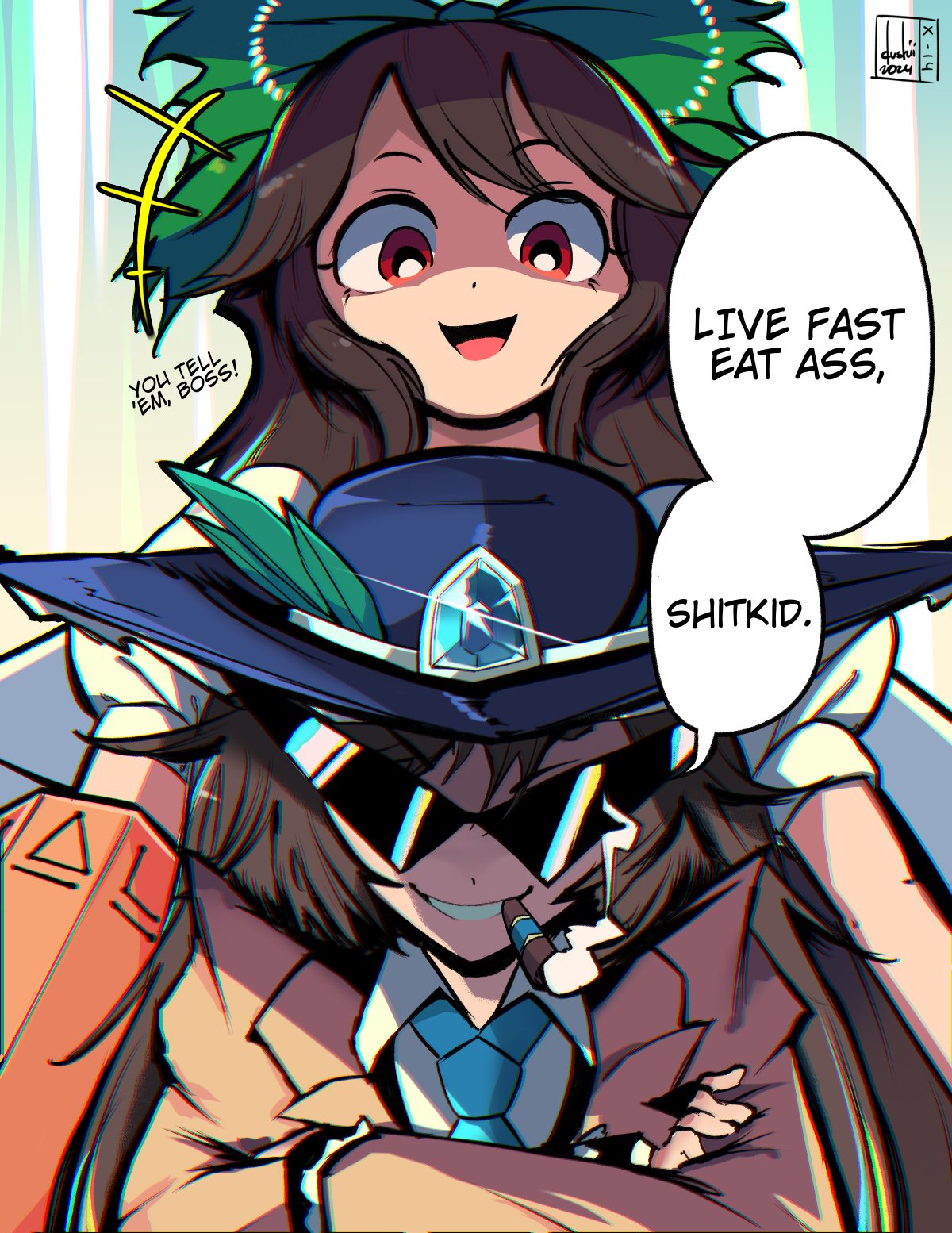 brown_coat, chromatic_aberration, cigar, coat, crossed_arms, dushiido, gangster, gensokyo_odyssey