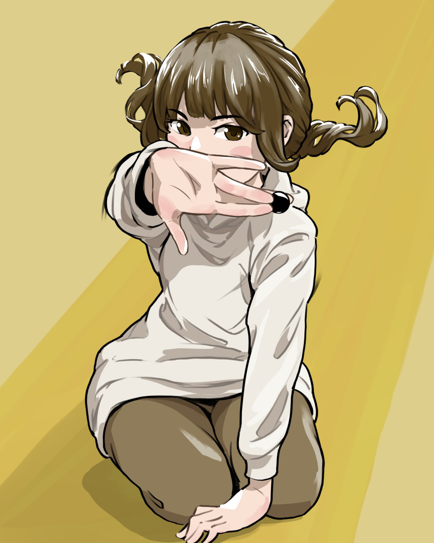 1girl, absurdres, blush_stickers, board_game, brown_eyes, brown_hair, brown_theme, commentary