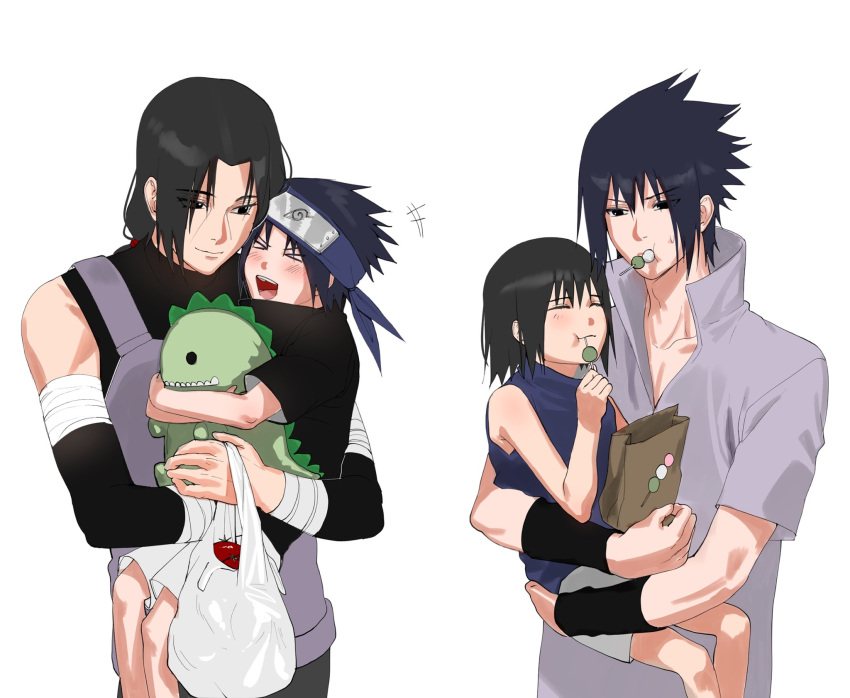 2boys, bag, bandaged_arm, bandages, black_eyes, black_hair, black_shirt, black_wristband