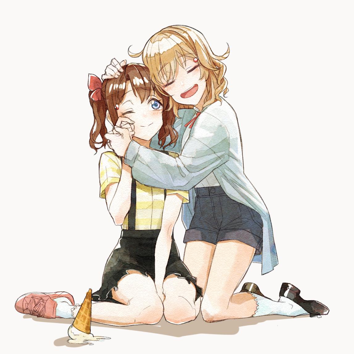 2girls, accident, aged_down, ahoge, between_legs, black_footwear, black_skirt, blue_eyes