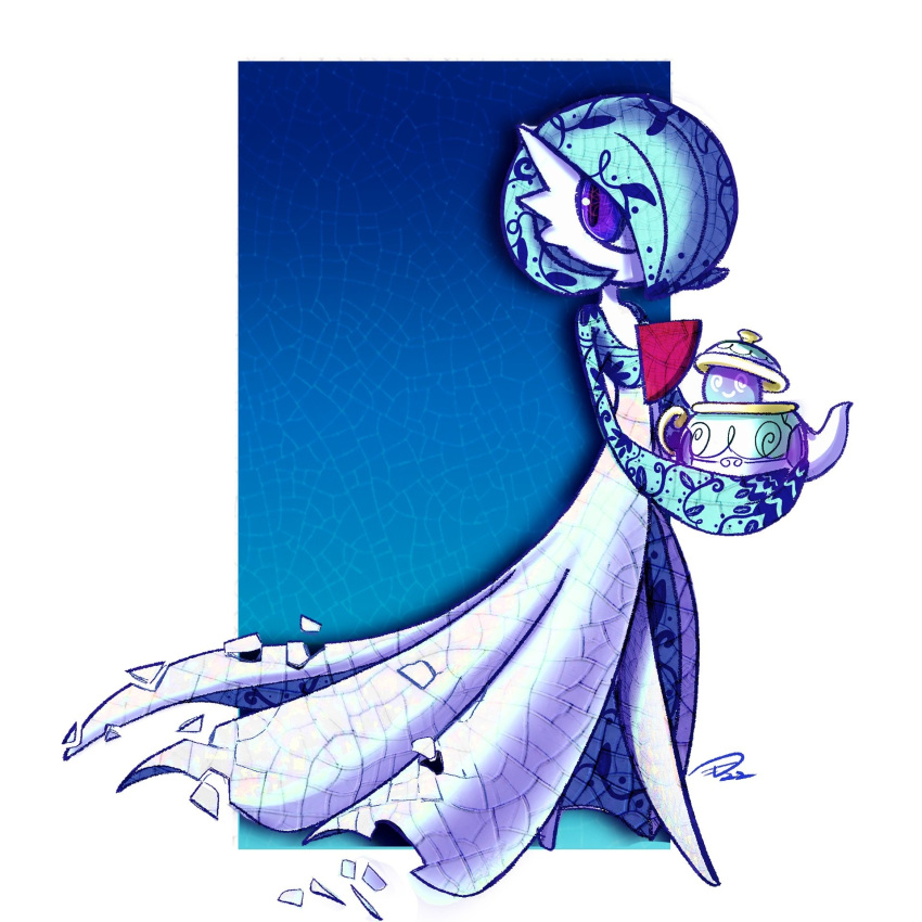 bob_cut, colored_skin, dress, gardevoir, ghost, green_hair, green_skin, hair_over_one_eye, highres, holding, holding_pokemon, holding_teapot, jarzard, multicolored_skin, pokemon, pokemon_(creature), polteageist, signature, square, teapot, two-tone_skin, violet_eyes, white_dress, white_skin