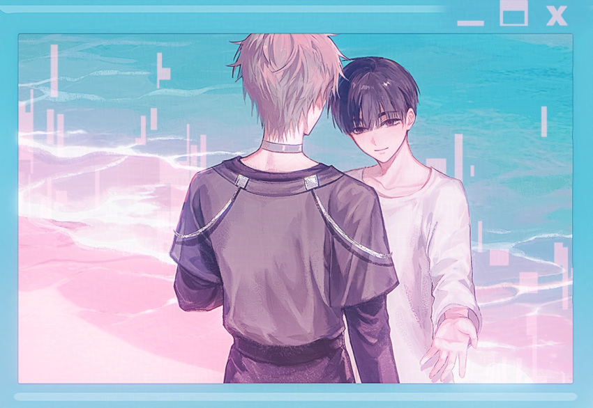 2boys, alien_stage, black_shirt, chinese_commentary, choker, commentary, glitch, grey_choker