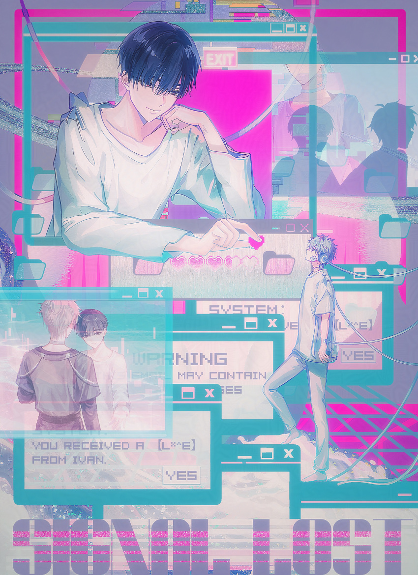 2boys, absurdres, alien_stage, black_hair, black_shirt, cable, chinese_commentary, choker