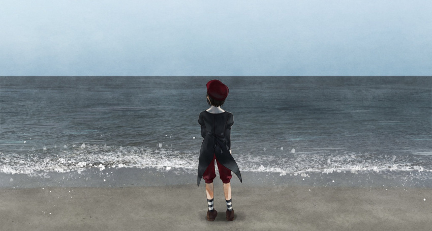 1boy, beach, beret, black_hair, blue_sky, brown_footwear, from_behind, full_body