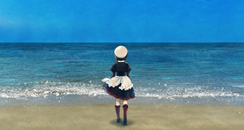 1girl, beach, beret, black_footwear, blue_sky, brown_hair, from_behind, full_body, hat, highres, maid, ocean, outdoors, red_socks, sand, shannon_(umineko), short_hair, sky, socks, solo, standing, suidousui, umineko_no_naku_koro_ni, water