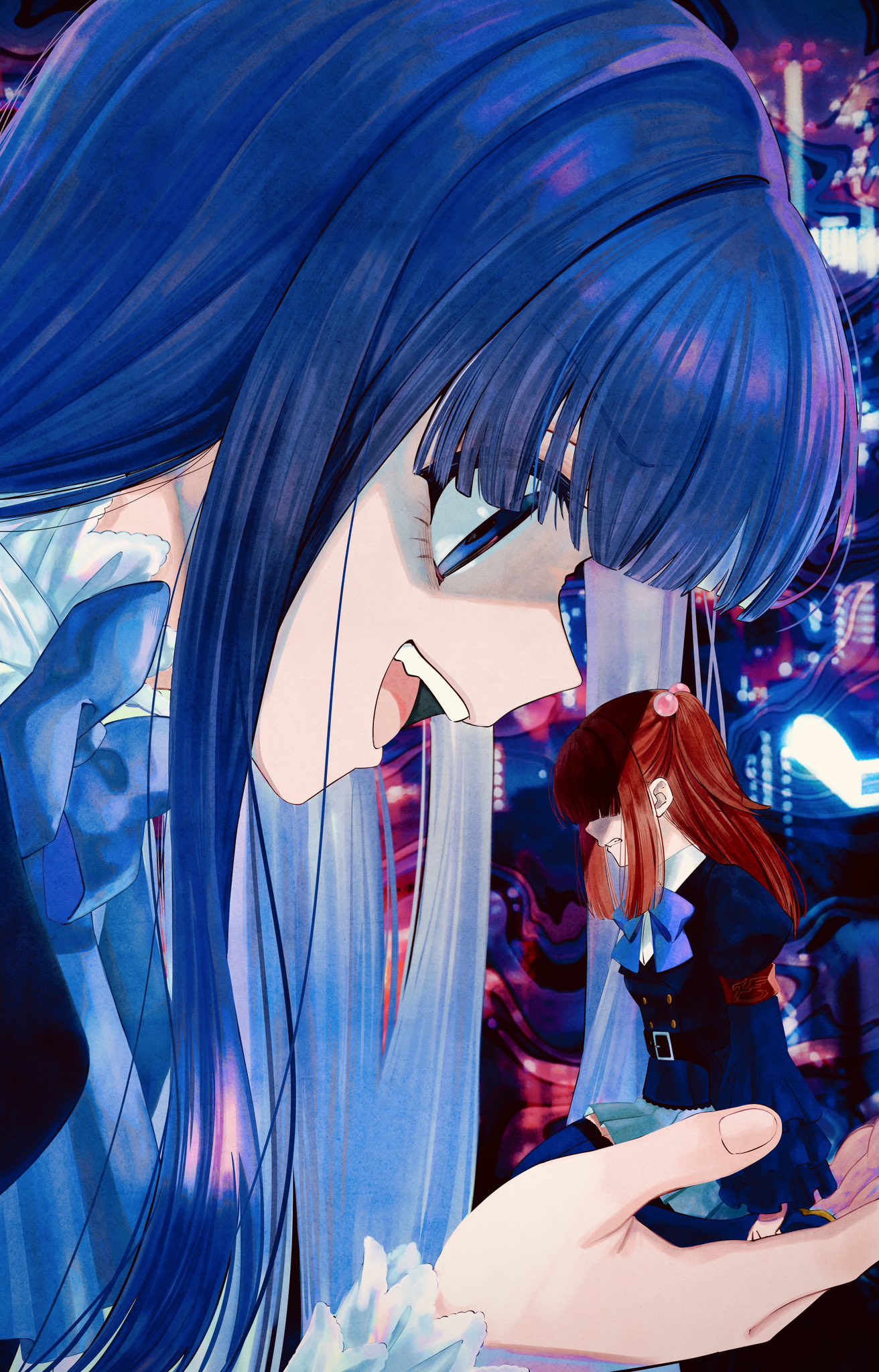 2girls, blue_eyes, blue_hair, blunt_bangs, clenched_teeth, fingernails, frederica_bernkastel, from_side