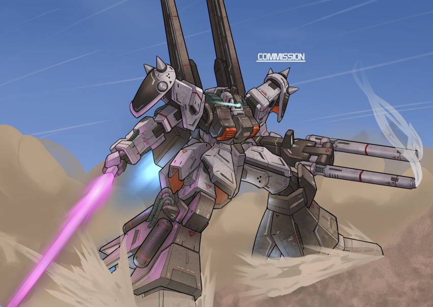 absurdres, beam_rifle, beam_saber, blue_eyes, blue_sky, commentary, commission, day