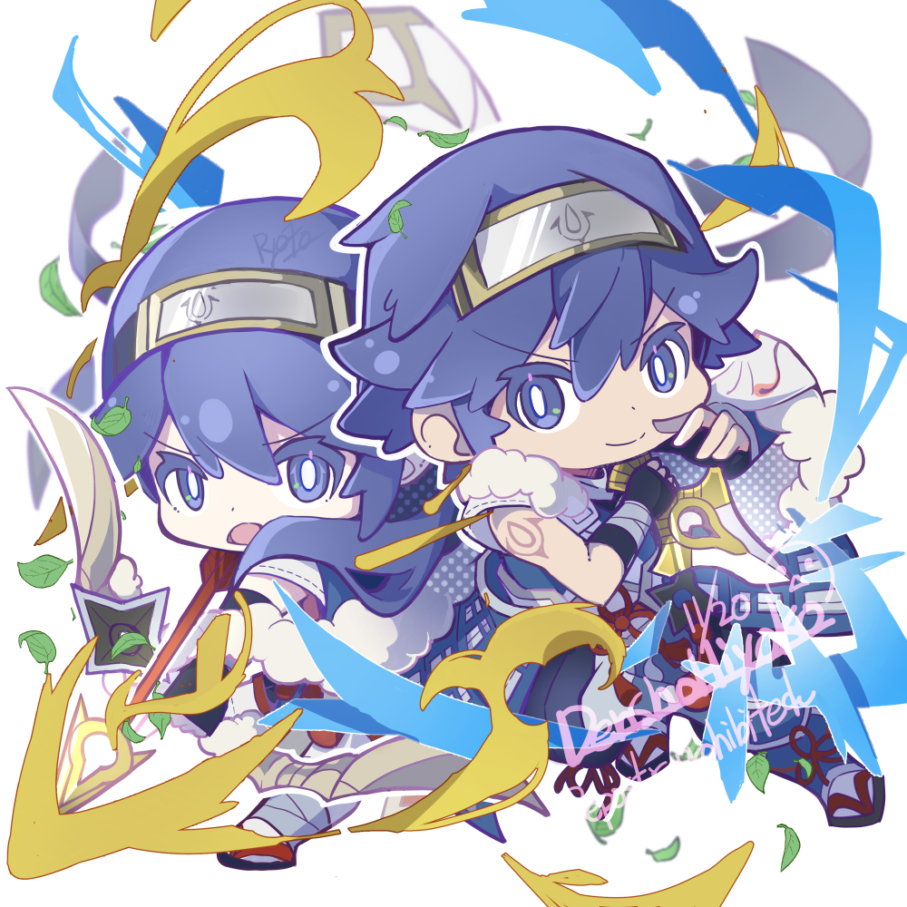 1boy, 1girl, arrow_(projectile), blue_eyes, blue_hair, bow_(weapon), brand_of_the_exalt, chibi