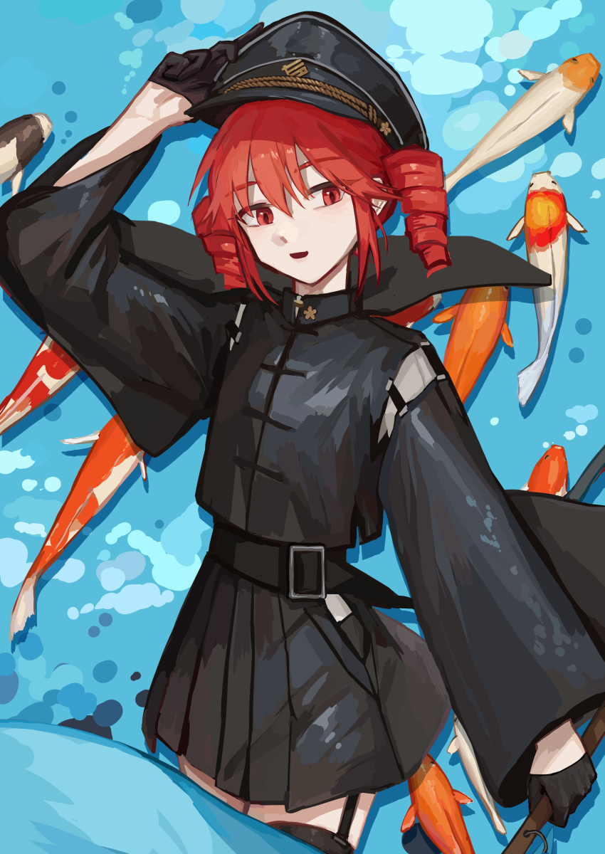 absurdres, alternate_costume, belt, black_belt, black_hat, black_shirt, black_skirt, black_sleeves, black_thighhighs, cowboy_shot, double-parted_bangs, drill_hair, fish, flat_chest, garter_belt, hair_between_eyes, hand_on_headwear, hat, high_collar, highres, holding, kasane_teto, kepi, long_sleeves, military_hat, military_uniform, open_mouth, pleated_skirt, red_eyes, redhead, shirt, skirt, skirt_set, sleeves_past_elbows, staff, standing, thigh-highs, twin_drills, utau, water, yomiya_setsu