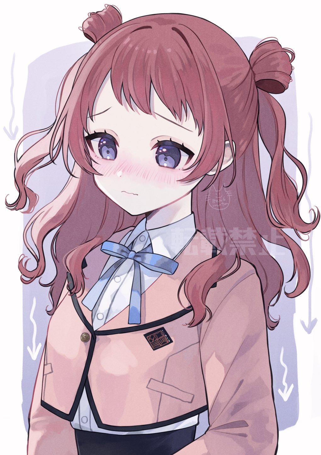 1girl, arrow_(symbol), blazer, blue_bow, blue_bowtie, blue_eyes, blush, border