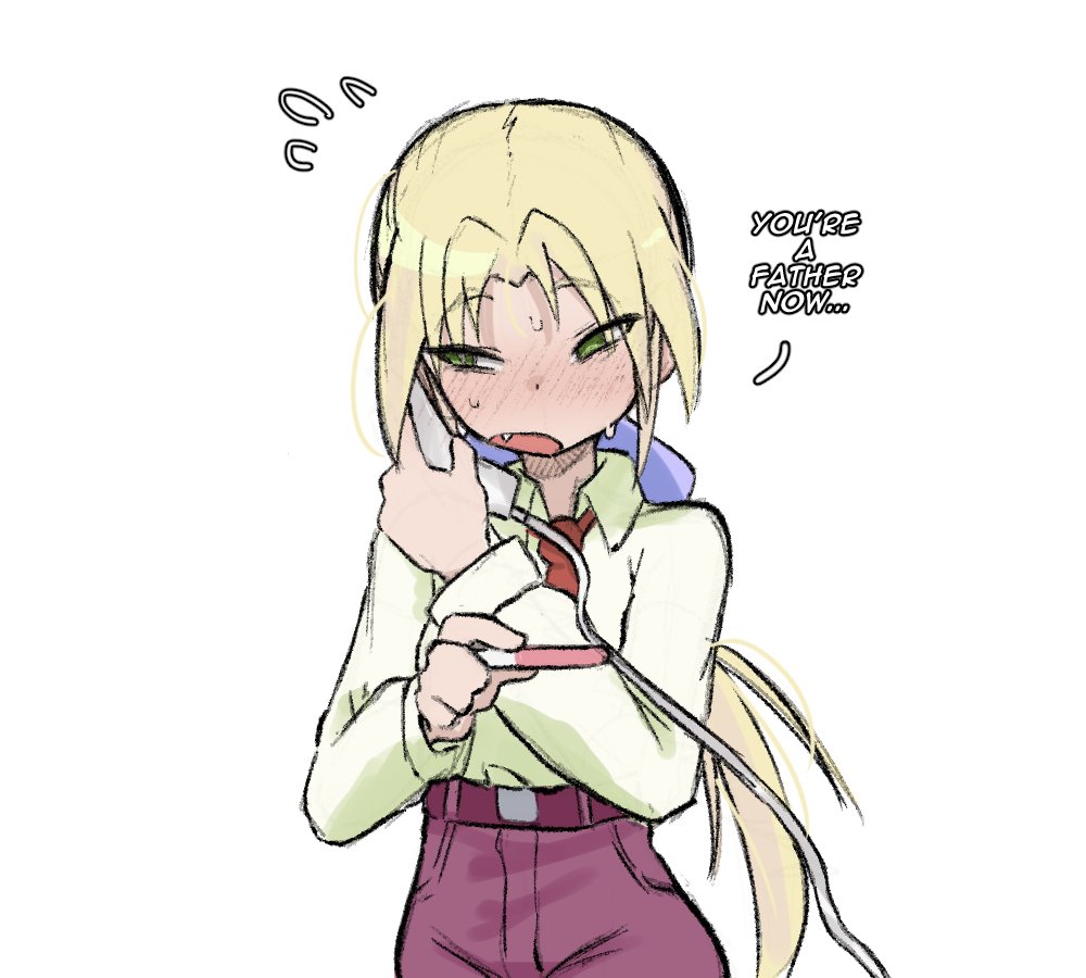 1girl, belt, blonde_hair, blue_bow, blush, bow, english_text, fang