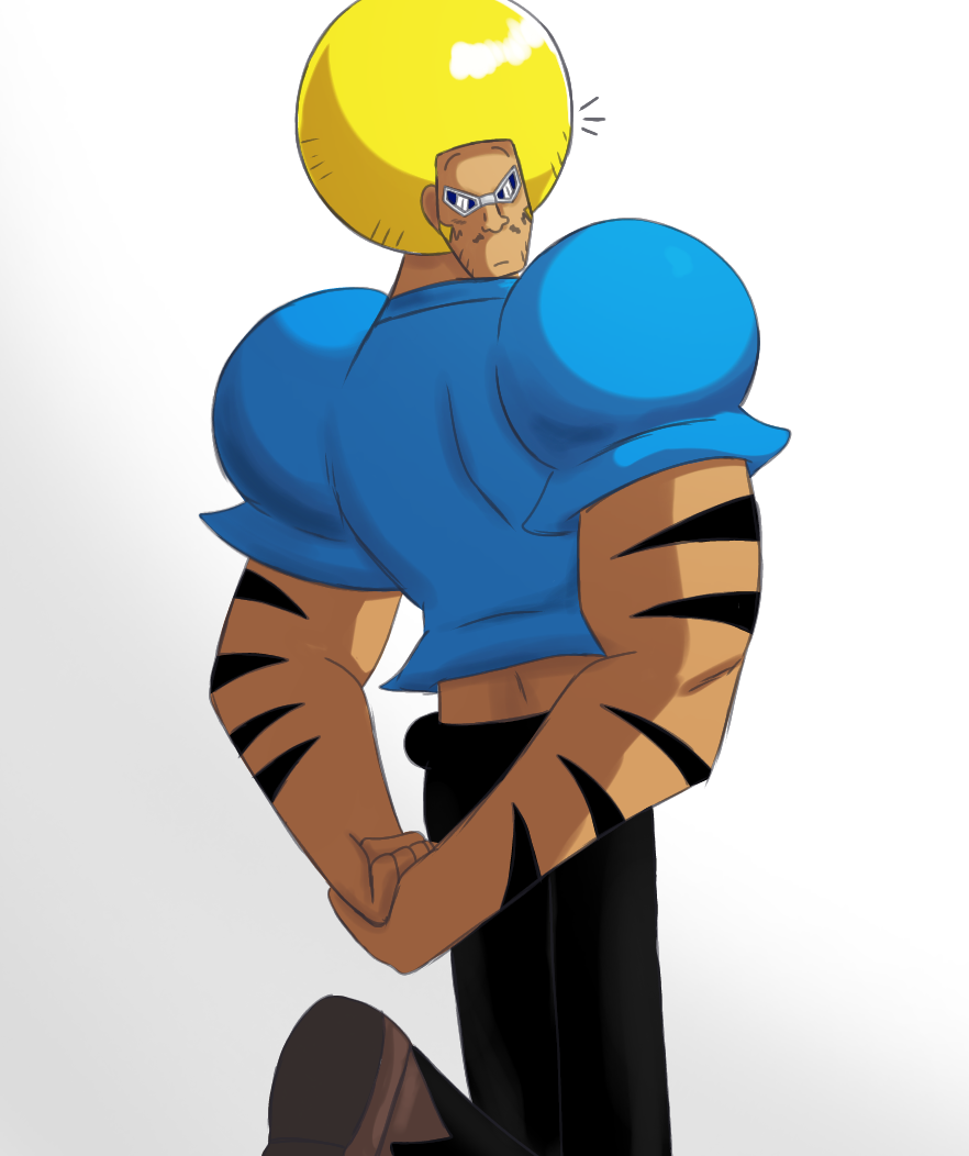 1boy, afro, black_pants, blonde_hair, bobobo-bo_bo-bobo, bobobo-bo_bo-bobo_(character), brown_shoes, funnymanoopsy, gradient_background, hands_together, leg_up, looking_at_viewer, looking_back, pants, shaded, shoes
