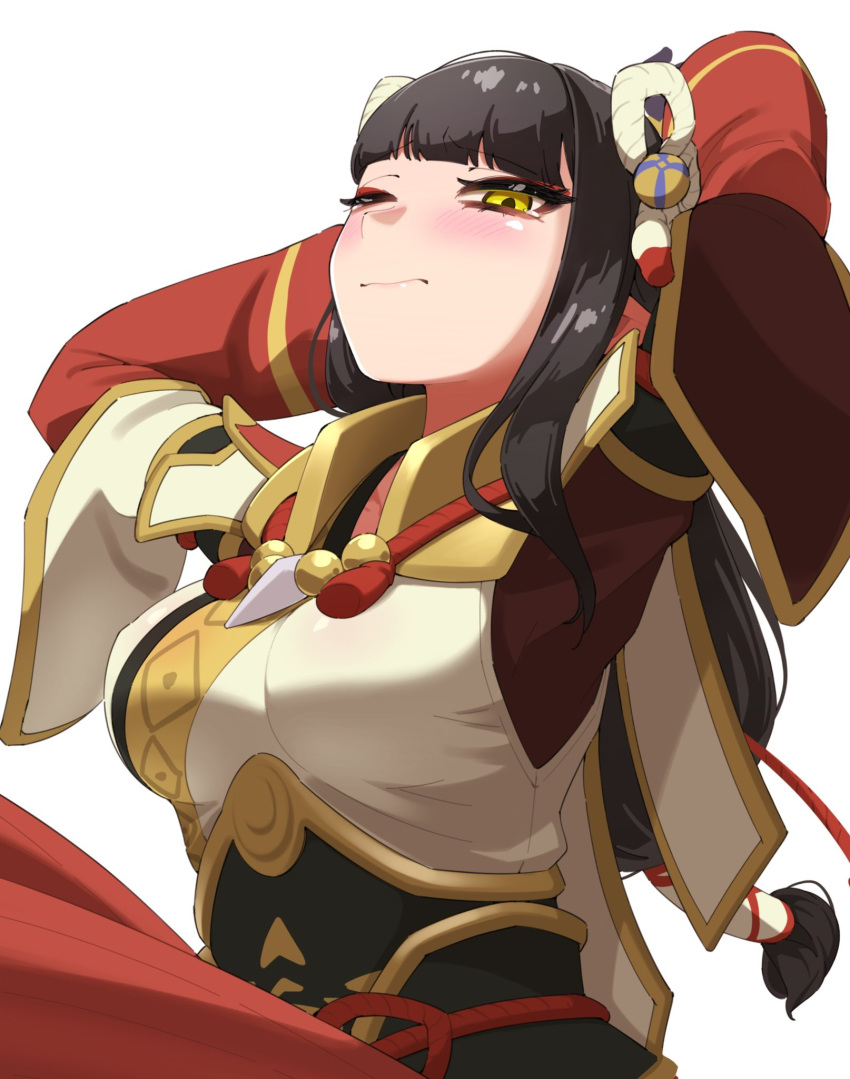 1girl, black_hair, blunt_bangs, blush, breasts, closed_mouth, commentary_request, eyeshadow