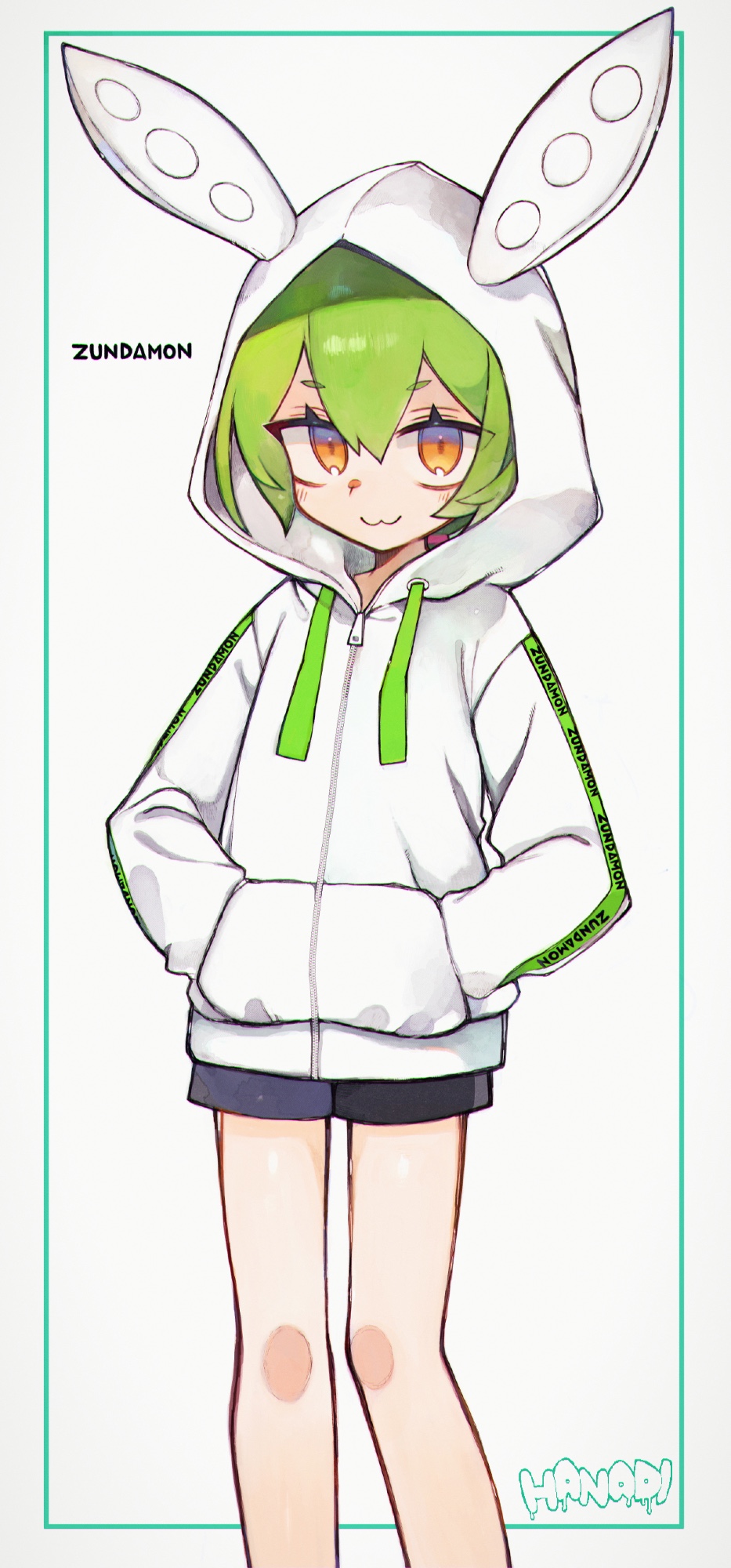 1girl, :3, alternate_costume, artist_name, babayaga_13lood, bare_legs, black_shorts, brown_eyes