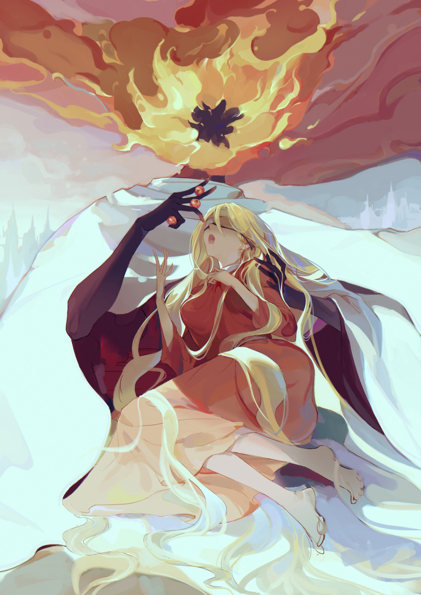 1girl, 1other, absurdres, alternate_hairstyle, ambiguous_gender, barefoot, blindfold, blonde_hair, brown_dress, cape, commentary_request, covered_eyes, dress, elden_ring, eyeball, finger_maiden_hyetta, flaming_head, highres, holding, holding_eyeball, long_hair, lord_of_the_frenzied_flame_(elden_ring), open_mouth, shabriri_grape, sitting, snailaql, toes, very_long_hair, white_cape