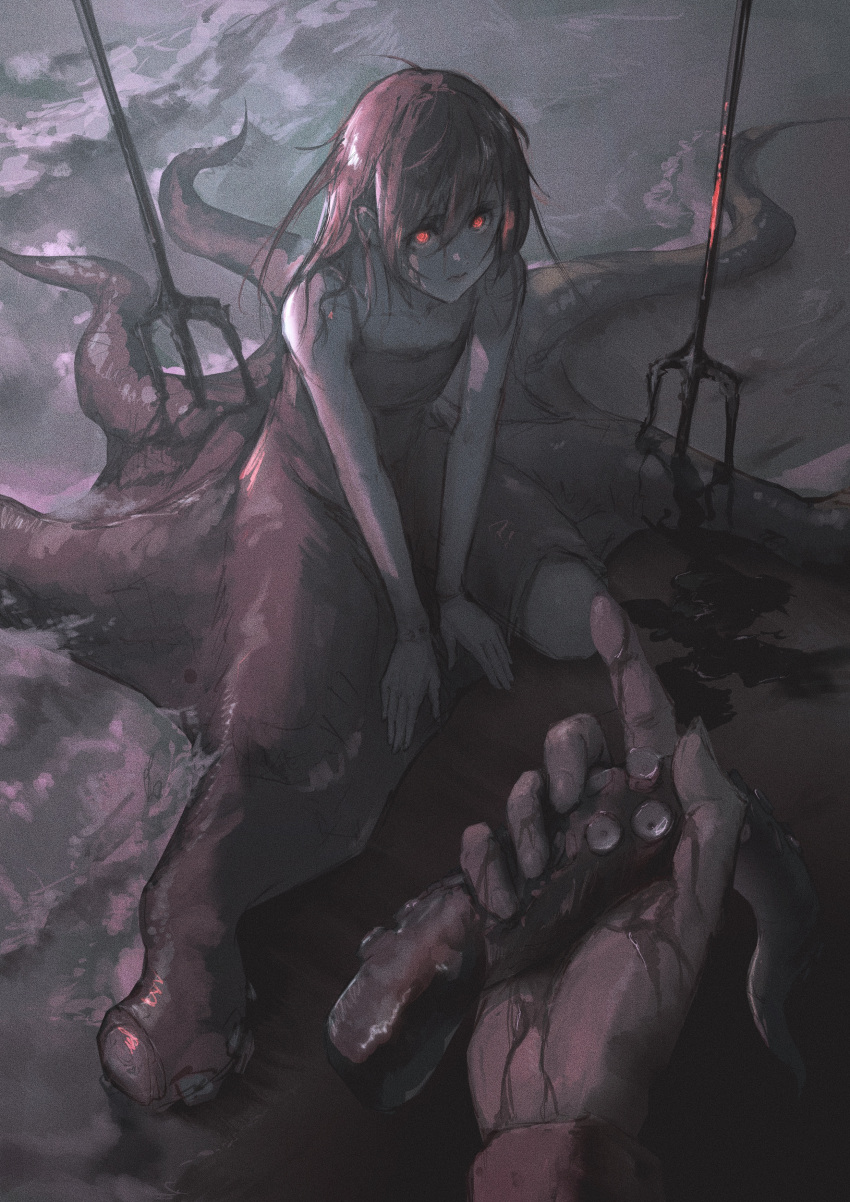 1girl, absurdres, black_blood, blood, commentary, dress, glowing, glowing_eyes