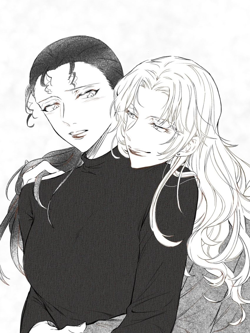 2girls, bad_id, bad_twitter_id, blush, earrings, eye_contact, highres, hug