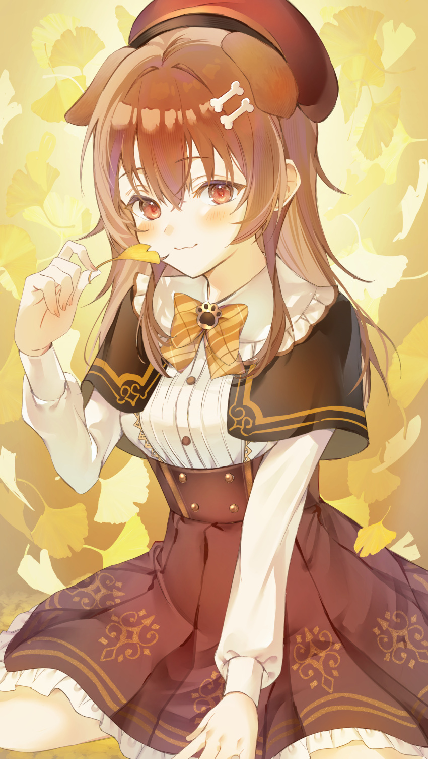 1girl, :3, absurdres, animal_ears, beret, blush, bone_hair_ornament, bow