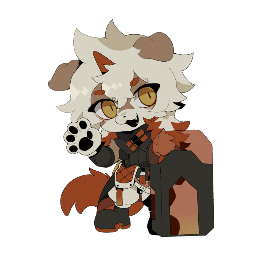 1boy, arknights, black_footwear, black_shirt, boots, chibi, colored_tips, fangs