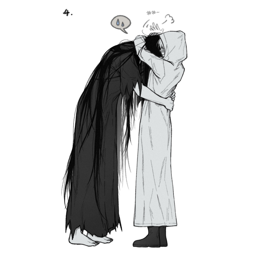 1boy, 1girl, aaa_(9543479338), barefoot, black_hair, black_kimono, boots, chinese_commentary, commentary_request, full_body, headpat, heroine_(homicipher), highres, holding_hands, homicipher, hood, hood_up, hug, japanese_clothes, kimono, long_hair, mr._crawling, short_hair, simple_background, standing, translation_request, very_long_hair, white_background, white_hair, white_raincoat