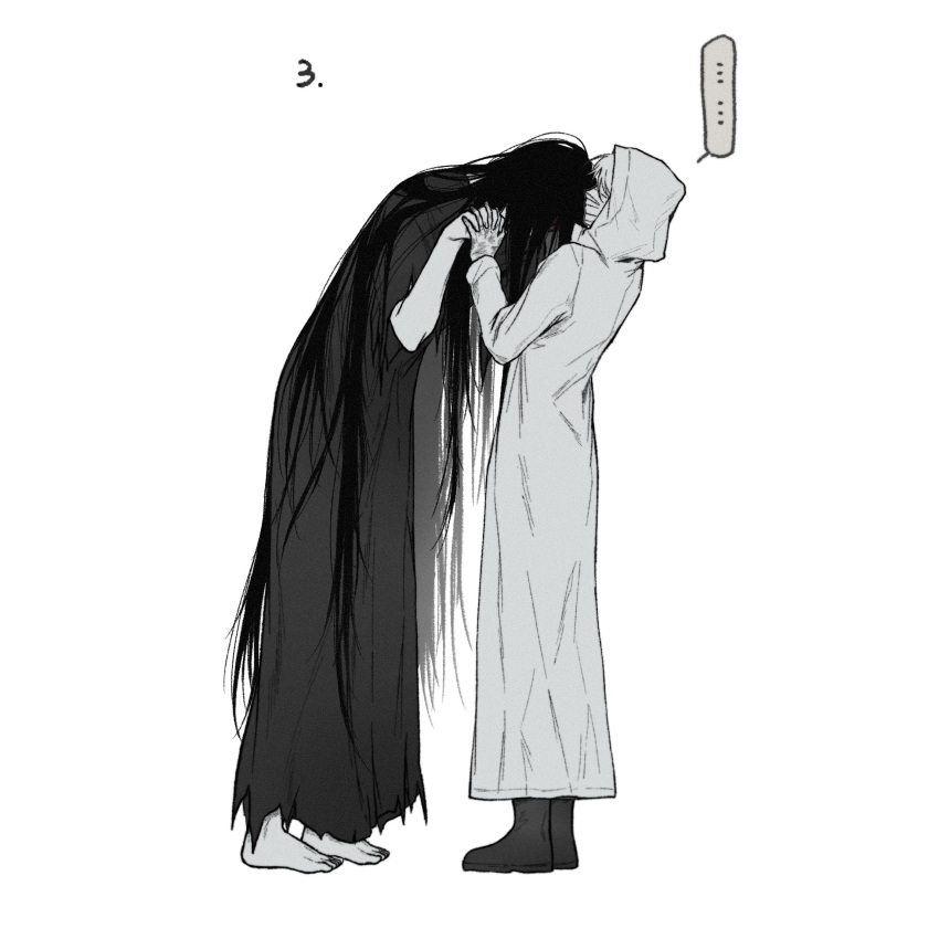 1boy, 1girl, aaa_(9543479338), barefoot, black_hair, black_kimono, boots, chinese_commentary