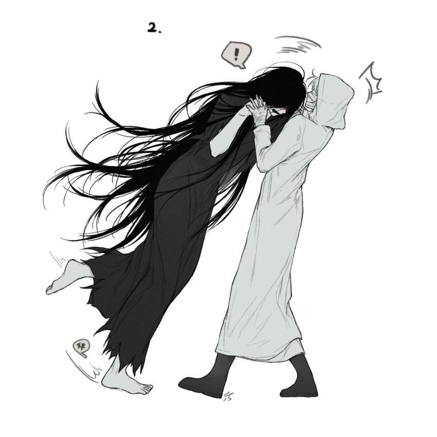 1boy, 1girl, aaa_(9543479338), barefoot, black_hair, black_kimono, boots, chinese_commentary