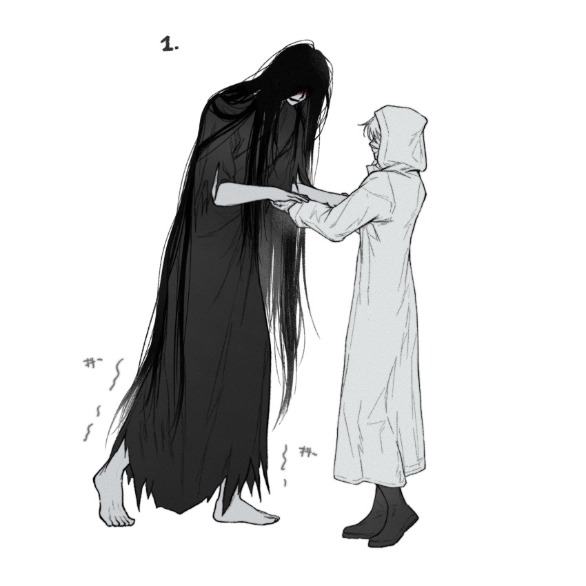 1boy, 1girl, aaa_(9543479338), barefoot, black_hair, black_kimono, boots, chinese_commentary