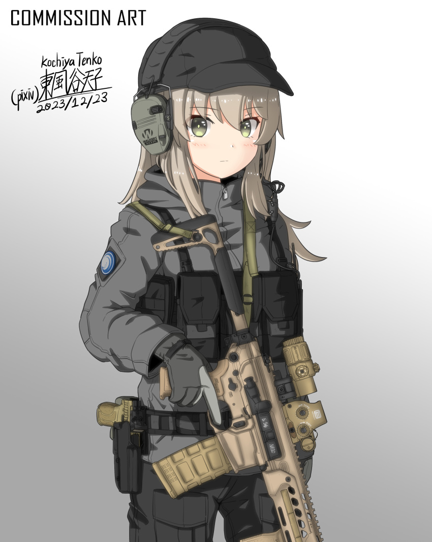 1girl, absurdres, ammunition_pouch, artist_name, assault_rifle, baseball_cap, belt, black_hat