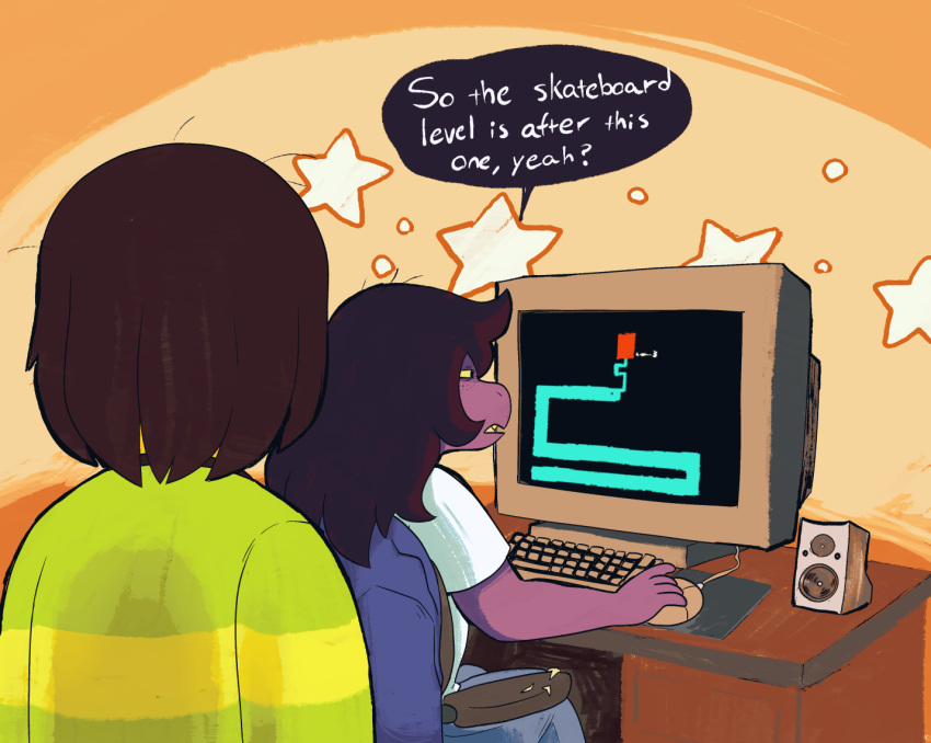 1girl, 1other, brown_hair, chair, colored_sclera, colored_skin, computer, computer_keyboard, computer_mouse, deltarune, english_text, fang, freckles, koalacola, kris_(deltarune), monitor, office_chair, purple_hair, purple_skin, scary_maze_game, shirt, speaker, star_(symbol), star_symbol_background, striped_clothes, striped_shirt, susie_(deltarune), swivel_chair, yellow_sclera, yellow_skin
