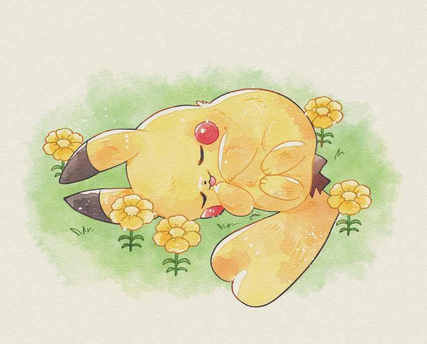 closed_eyes, flower, full_body, grass, highres, lying, miketoevecan, no_humans