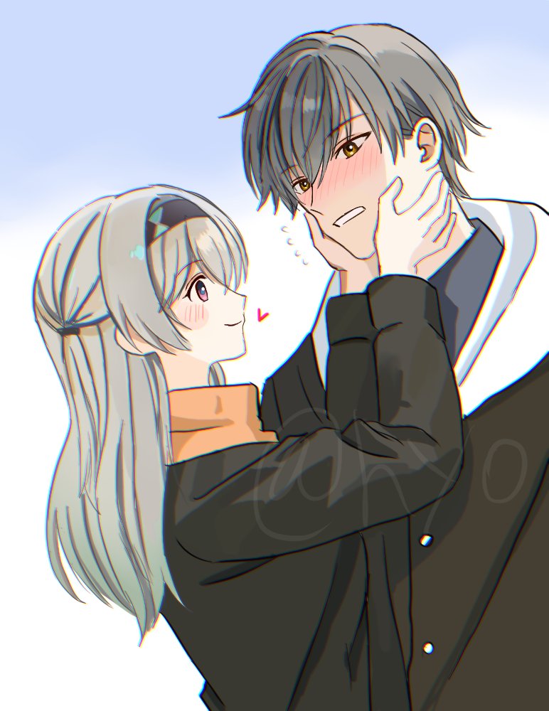 black_coat, black_hairband, blush, buttons, caelus_(honkai:_star_rail), coat, couple, firefly_(honkai:_star_rail)