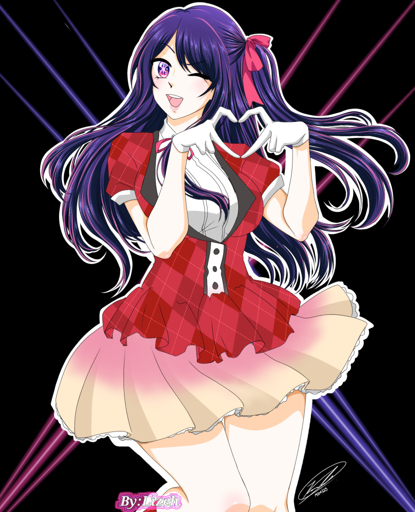 +_+, 1girl, breasts, franchouchou, gloves, highres, hoshino_ai, idol, large_breasts, lizeh_(artist), oshi_no_ko, pink_ribbon, ponytail, purple_hair, ribbon, side_ponytail, undead, violet_eyes, white_gloves, zombie_land_saga, zombie_no.8_(hoshino_ai)