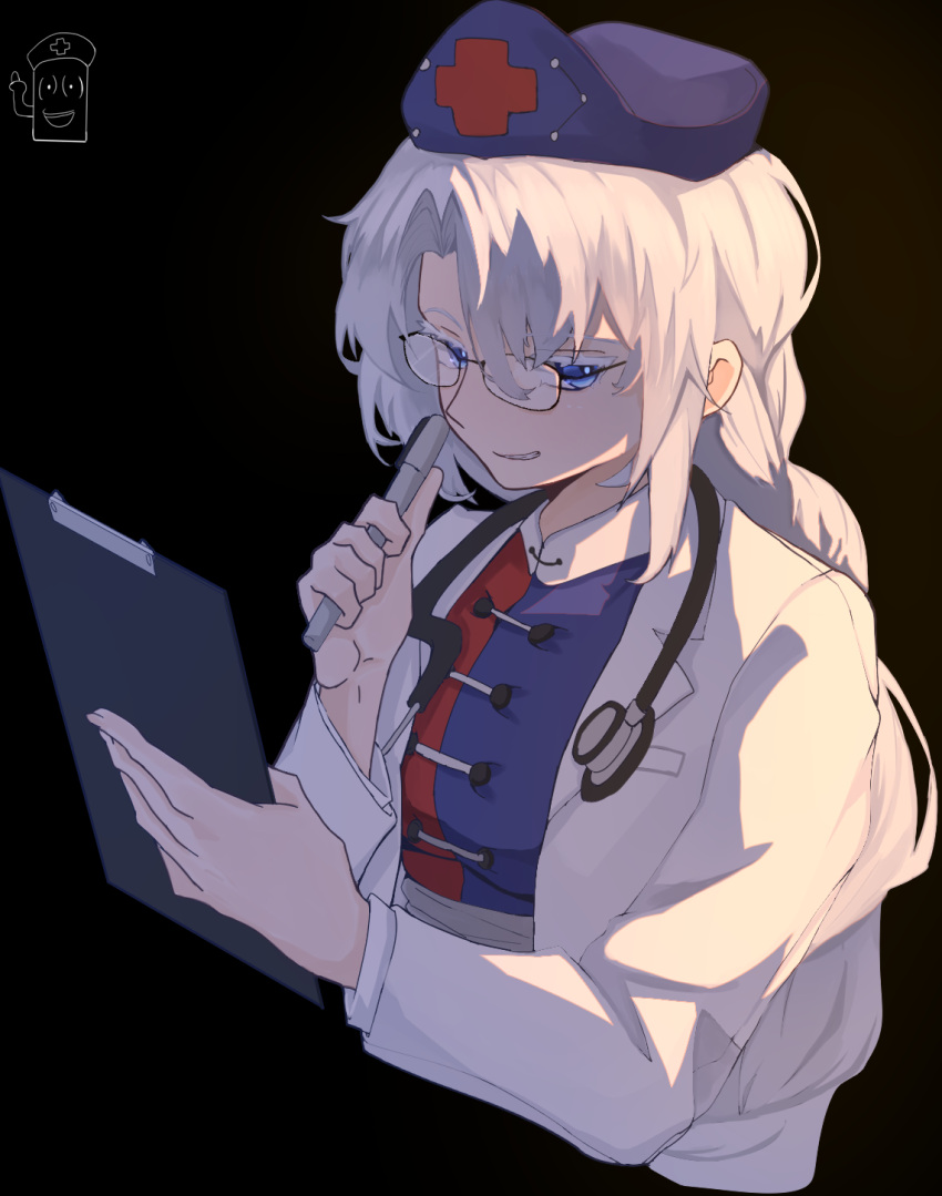 1girl, bespectacled, black_background, blue_eyes, blue_hat, braid, clipboard, coat