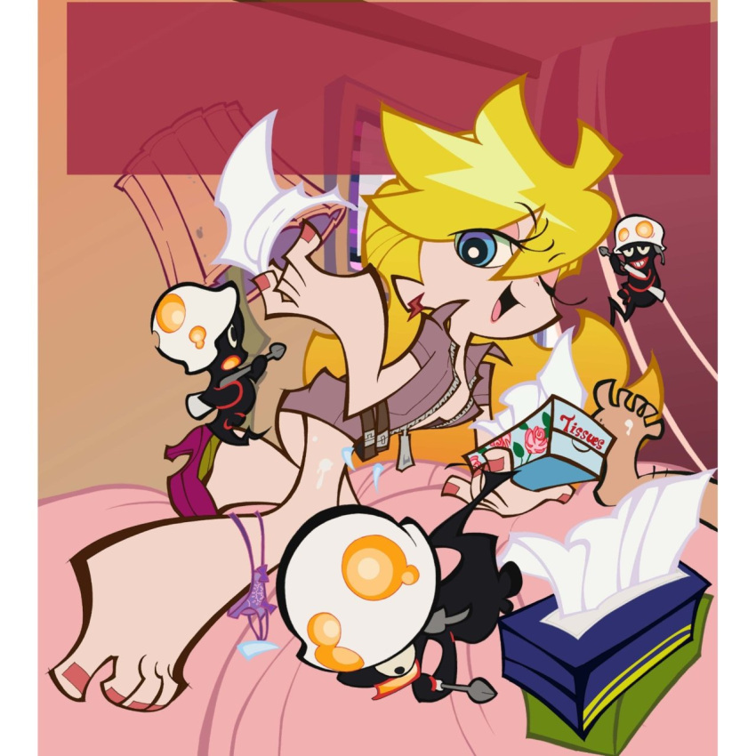 bed, blonde_hair, blue_eyes, ghost_(psg), highres, nail_polish, official_style, panties_around_ankles, panty_&amp;_stocking_with_garterbelt, panty_(character), panty_(psg), shoe_dangle, single_shoe, tissue, wink