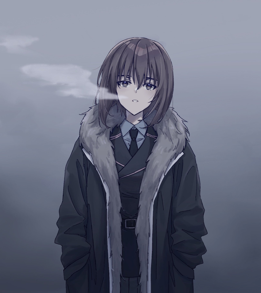 1girl, belt, black_belt, blurry, blurry_background, breath, brown_eyes, brown_hair