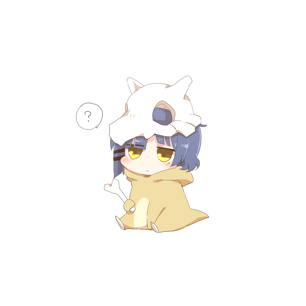 1girl, ?, blue_hair, blush, bocchi_the_rock!, bone, chibi, closed_mouth