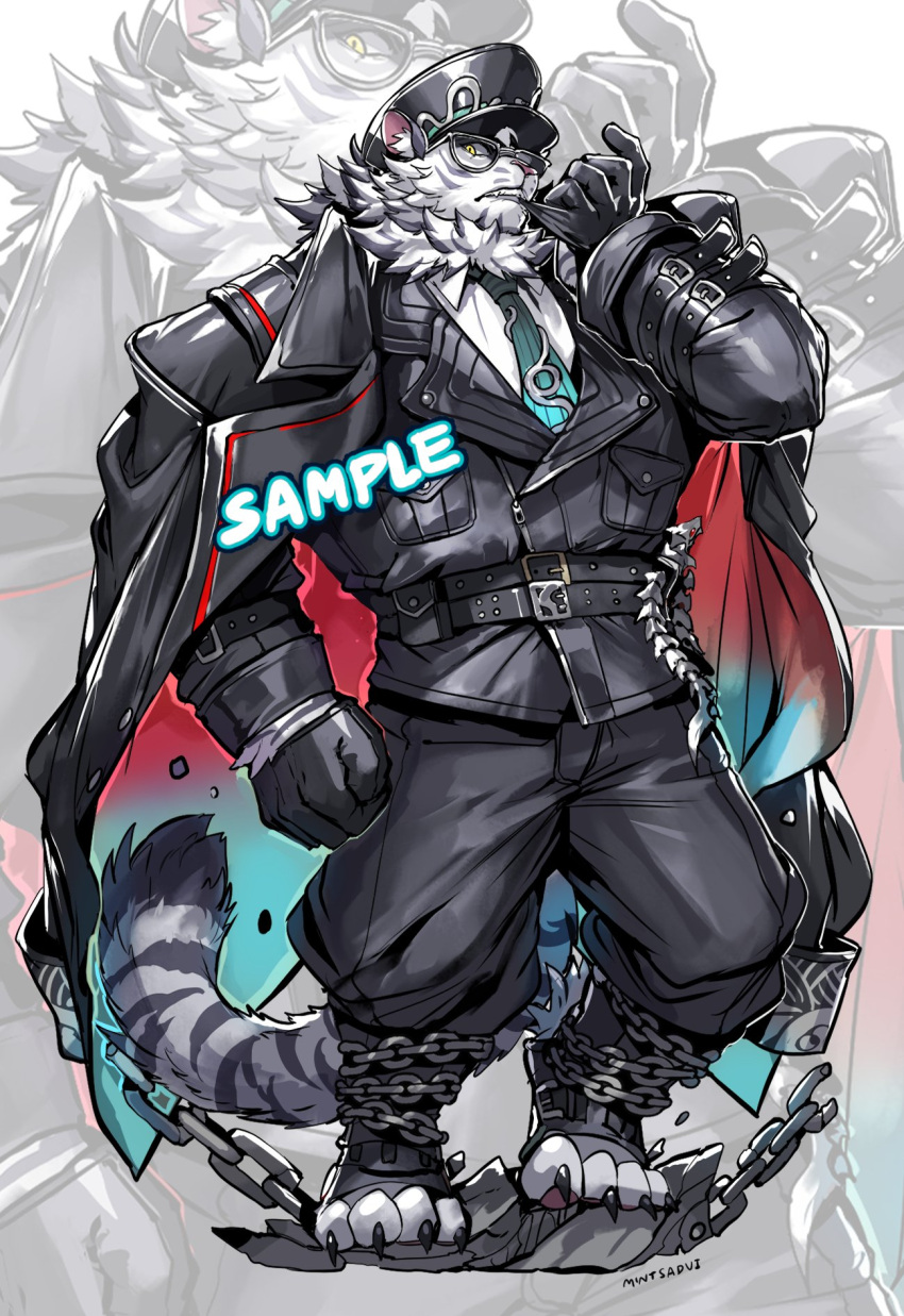 1boy, animal_ears, artist_name, black_coat, black_gloves, black_hat, black_pants, chain