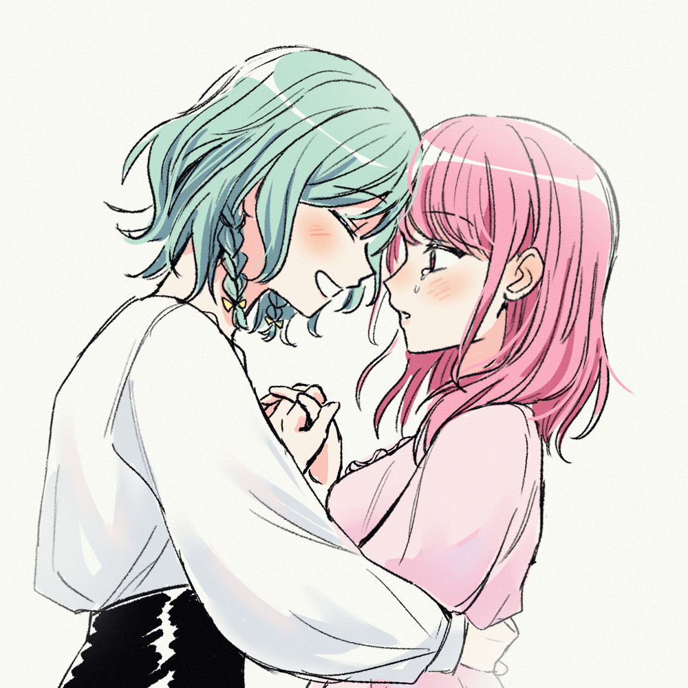 2girls, aqua_hair, bang_dream!, black_skirt, blush, braid, chieh, closed_eyes