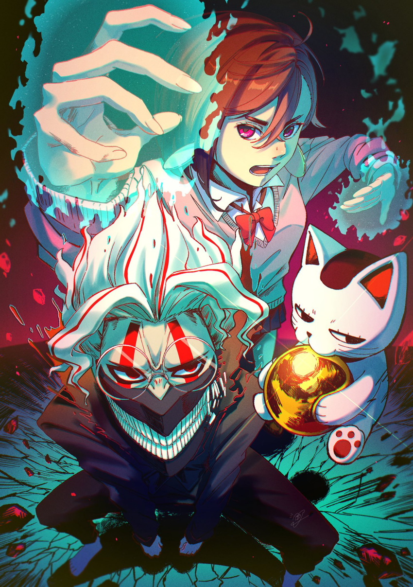 1boy, 2girls, ayase_momo, ball, barefoot, black_pants, brown_hair, dandadan, energy, glasses, gold_ball, highres, maneki-neko, multiple_girls, pants, pink_sweater, psychic, red_eyes, red_markings, sweater, takakura_ken_(dandadan), teeth, turbo_granny, white_body, white_hair