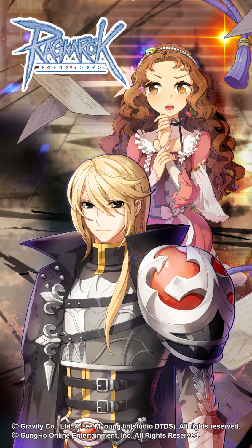 1boy, 1girl, agnes_lugenburg, armor, artist_collaboration, black_cape, black_eyes, black_ribbon