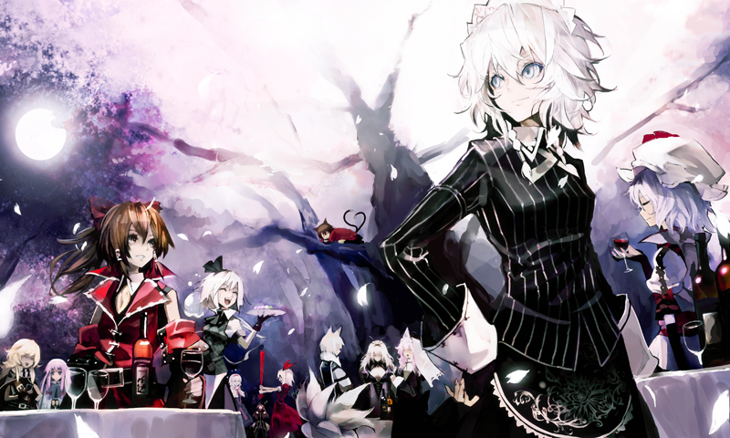 alice_margatroid, alternate_costume, banpai_akira, chen, cherry_blossoms, cup, flandre_scarlet, game_cg, hair_ribbon, hakurei_reimu, hat, hong_meiling, izayoi_sakuya, kirisame_marisa, konpaku_youmu, konpaku_youmu_(ghost), koumajo_densetsu, koumajou_densetsu, koumajou_densetsu_2, long_hair, multiple_girls, open_mouth, patchouli_knowledge, remilia_scarlet, ribbon, saigyouji_yuyuko, short_hair, skirt, smile, touhou, wine, wine_glass, yakumo_ran, yakumo_yukari