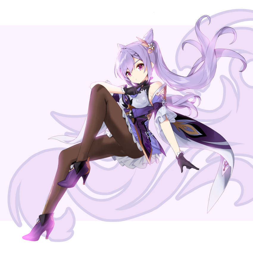1girl, black_pantyhose, braid, braided_bangs, breasts, cone_hair_bun, crotch_seam, detached_sleeves, diamond-shaped_pupils, diamond_(shape), double_bun, dress, ebi_bento, floating_hair, genshin_impact, gloves, hair_bun, hair_ornament, high_heels, highres, keqing_(genshin_impact), knee_up, letterboxed, long_hair, looking_at_viewer, medium_breasts, outside_border, pantyhose, purple_dress, purple_footwear, purple_gloves, purple_hair, sideboob, sidelocks, sleeveless, solo, swept_bangs, symbol-shaped_pupils, twintails, very_long_hair, violet_eyes
