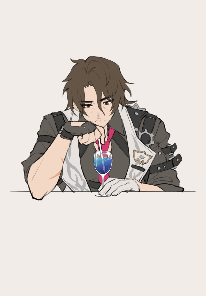 1boy, bags_under_eyes, beard_stubble, brown_hair, brown_shirt, cross_scar, cup, drinking_glass