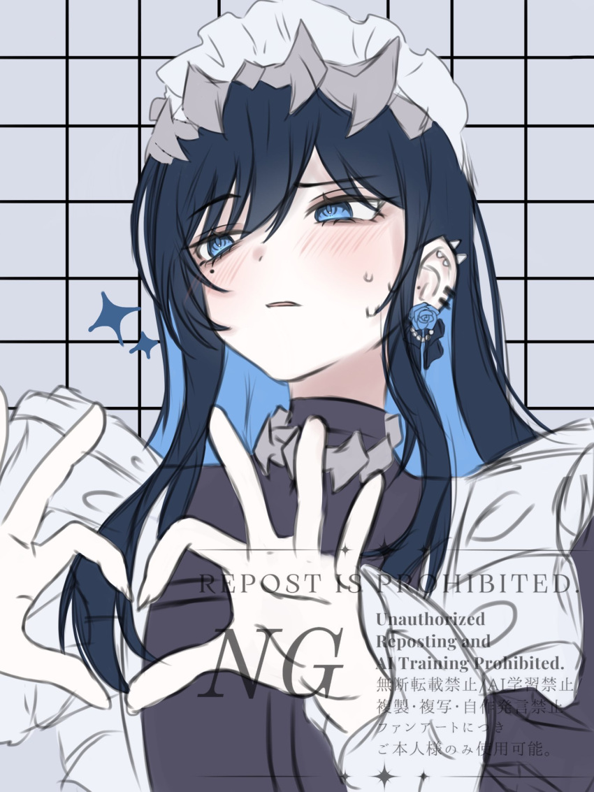 1girl, 89_701, ado_(utaite), black_dress, black_hair, blue_eyes, blue_hair, blush