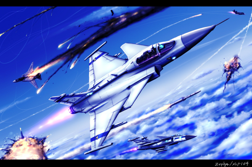 ace_combat_zero, aerial_battle, afterburner, airplane, battle, cloud, clouds, commentary