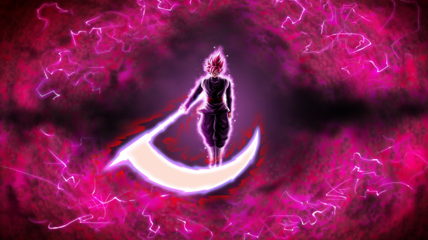 1boy, artist_request, aura, black_dougi, black_pants, boots, crackling_energy, dougi, dragon_ball, dragon_ball_super, dragon_ball_xenoverse, earrings, energy_scythe, floating_clothes, floating_hair, goku_black, highres, holding, holding_scythe, jewelry, loading_screen, looking_at_viewer, male_focus, muscular, muscular_male, official_art, official_wallpaper, pants, pink_hair, potara_earrings, scythe, short_hair, single_earring, solo, spiky_hair, super_saiyan, super_saiyan_rose, third-party_source, white_footwear