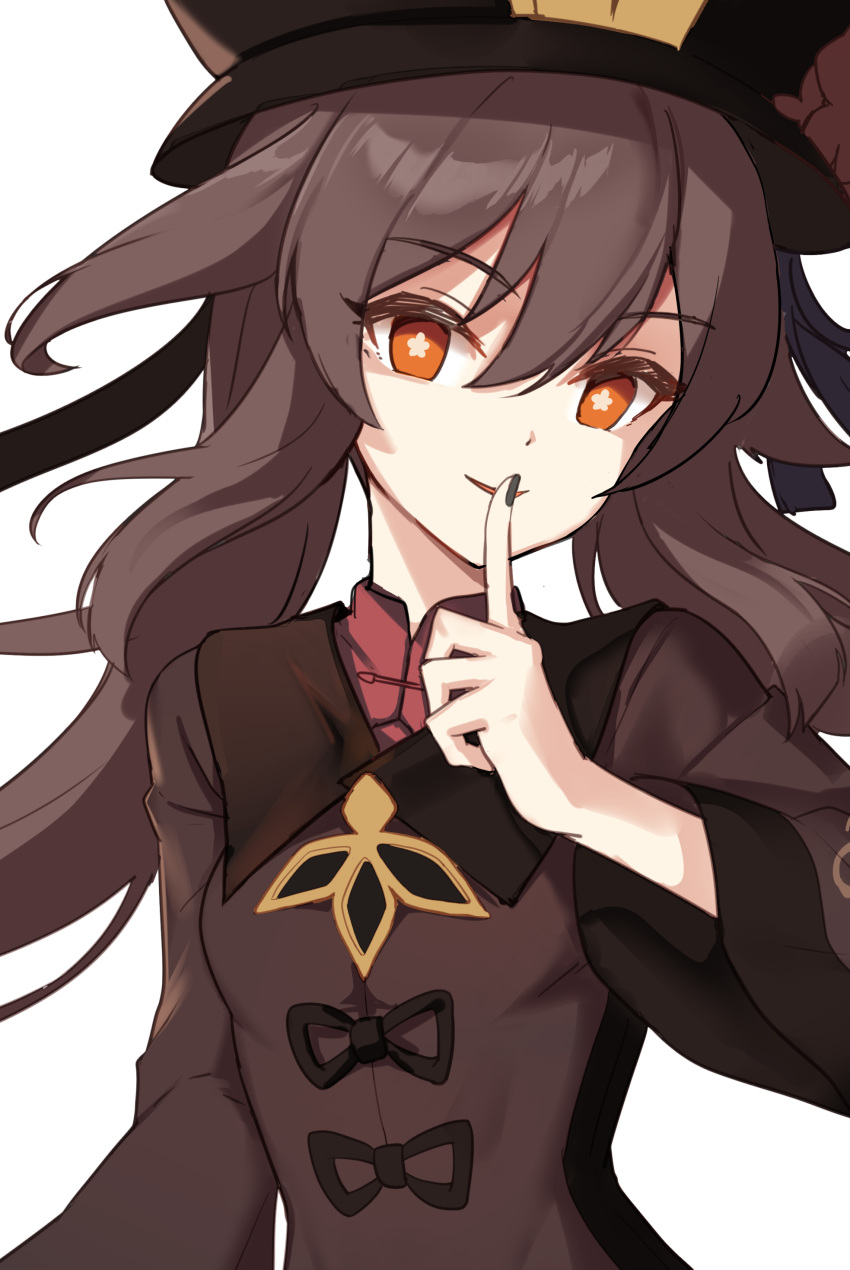1girl, absurdres, black_hat, black_nails, breasts, bright_pupils, brown_coat, brown_hair