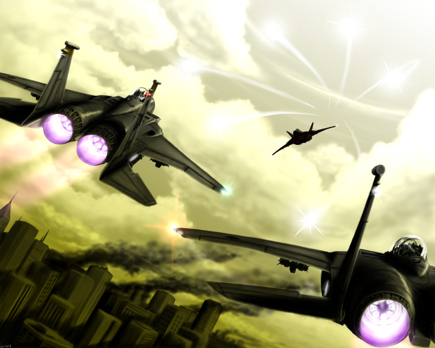 ace_combat_6, afterburner, airplane, building, cfa-44_nosferatu, city, cloud, clouds, commentary, condensation_trail, contrail, f-15, f-22, fighter_jet, flying, highres, jet, sky, sun, talisman_(ace_combat), war, zephyr164